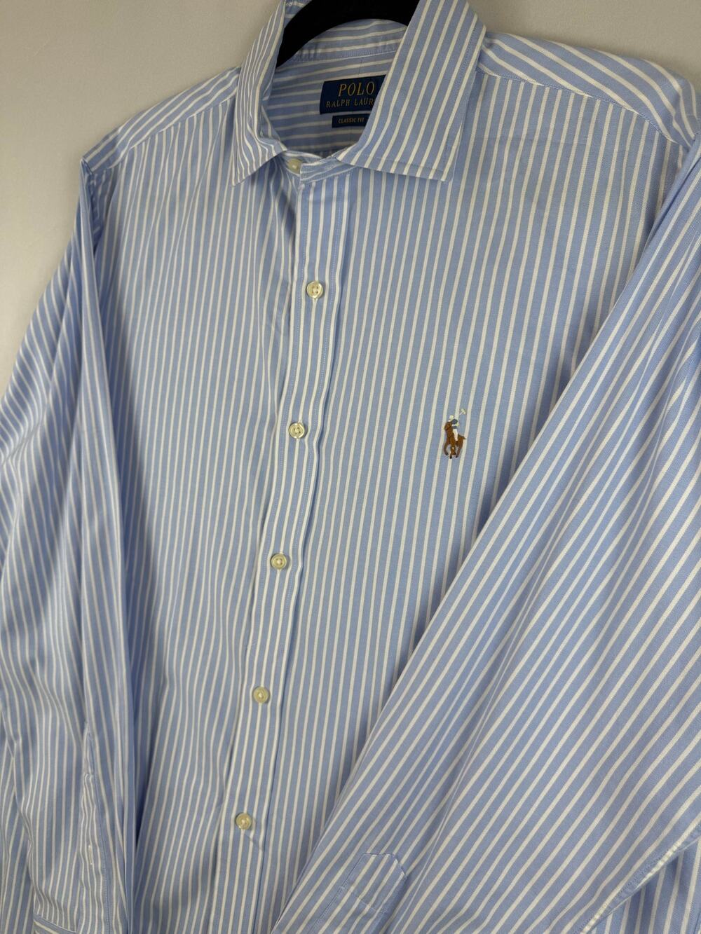 Polo Ralph Lauren Mens L Classic Fit Blue White Striped Stretch Oxford Shirt